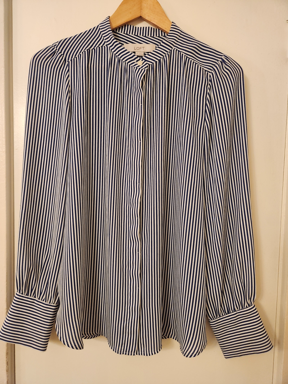 LOFT Navy and White Striped Button-Up Shirt